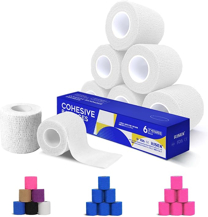 RISEN Cohesive Bandage 2” x 5 Yards, 6 Rolls, Self Adherent Wrap Medical Tape, Adhesive Flexible Breathable First Aid Gauze Ideal for Stretch Athletic