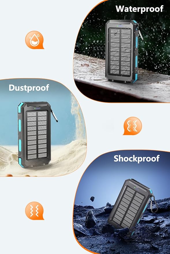 Power Bank 38800mAh Solar Portable Phone Charger with USB-C Fast Charging Battery Pack, with Compass LED Flashlight IP65 Waterproof, Compatible with iPhone, Samsung, iPad, Perfect for Outdoor, Camping