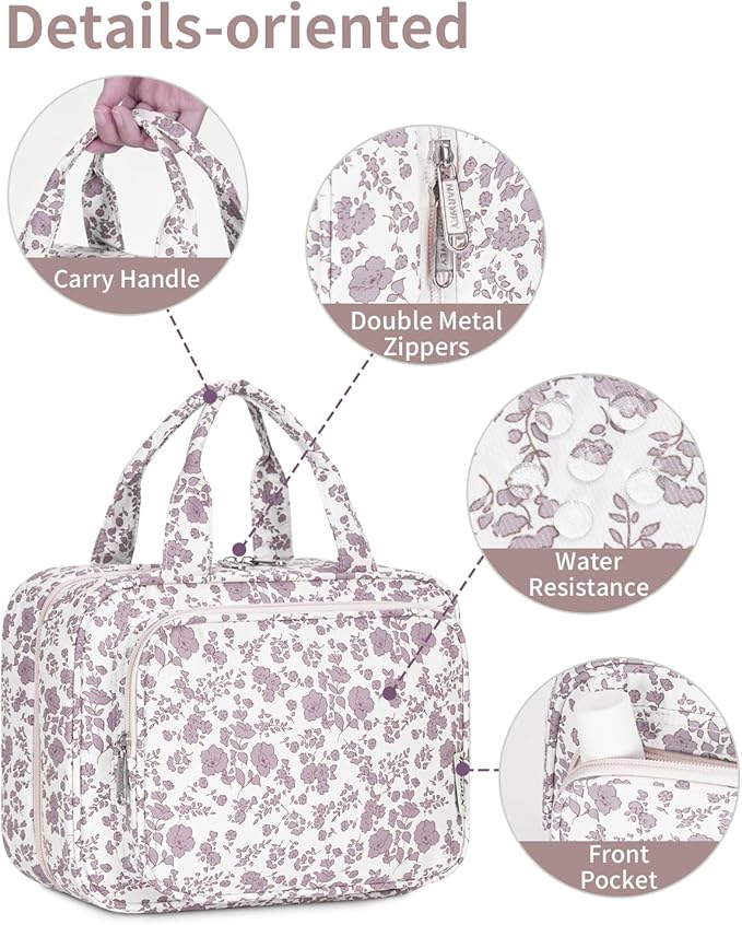 Narwey Hanging Floral Toiletry Bag for Women Travel Makeup Bag Organizer Toiletries Bag for Travel Size Essentials Accessories Cosmetics (Little Dusty Pink Flower (Medium))