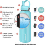 SENDESTAR Stainless Steel Water Bottle, Wide Mouth Water Bottle 40 oz with Straw Lid, Spout Lid, Double Wall Vacuum Insulated Leak Proof, Keeps Liquids Hot or Cold (Mint)