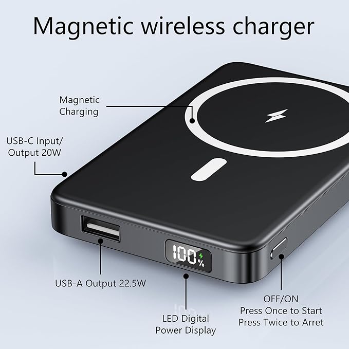 YUJE for Magsafe Battery Pack Magnetic Power Bank 10000mAh, Wireless Portable Charger with Foldable Stand Dual USB-C & USB-A Port Fast Charging Compatible with iPhone 17/16/15/14/13/12 Pro/Max/Plus