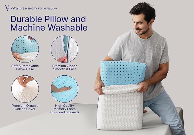 Vaverto Gel Memory Foam Pillow - Standard Size, 1 Pack, Firm Pillow for Neck and Shoulder Support, Orthopedic, Firm, Cooling, Contoured Memory Foam Pillows for Back, Side, Stomach Sleepers