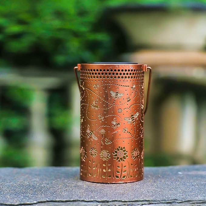 Bee Solar Lanterns Outdoor Waterproof Hanging Solar Lights Bee Gifts for Women Men Metal Honeybee Decorative LED Lanterns for Yard, Patio, Lawn, Tabletop, Pathway, Landscape, Garden Decor