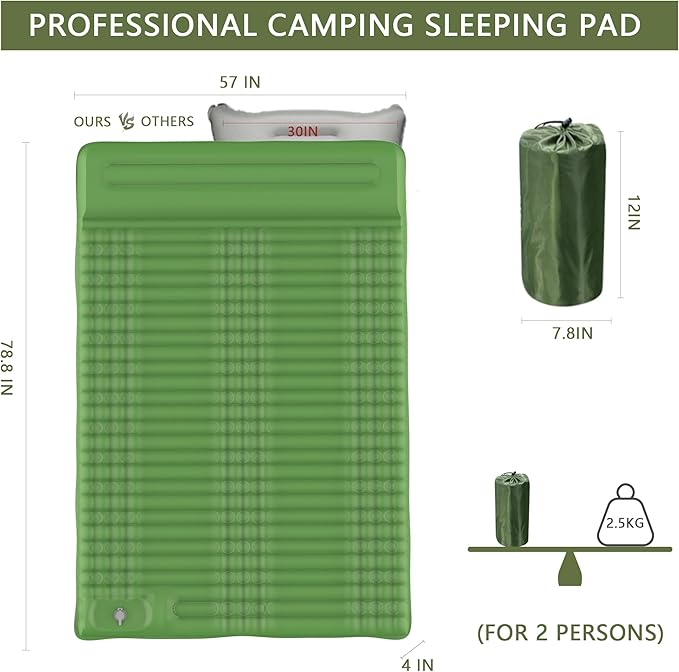 Double Self-Inflating Camping Mattress, with Pillow and Built-in Foot Pump, Comfortable & Portable for Backpacking, Hiking and Camping with Portable Storage Bag