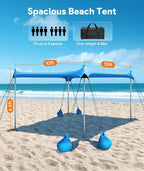 Beach Tent Sun Shelter, 10 x 10 FT Beach Canopy Tent Sun Shade, UPF50+ Tents Canopy with 8 Sandbags & 4 Stability Poles, Outdoor Tents for Camping Fishing, Sky Blue