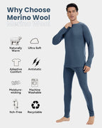 Men's 100% Merino Wool Base Layer Sets Lightweight Active Base Layer for Ski
