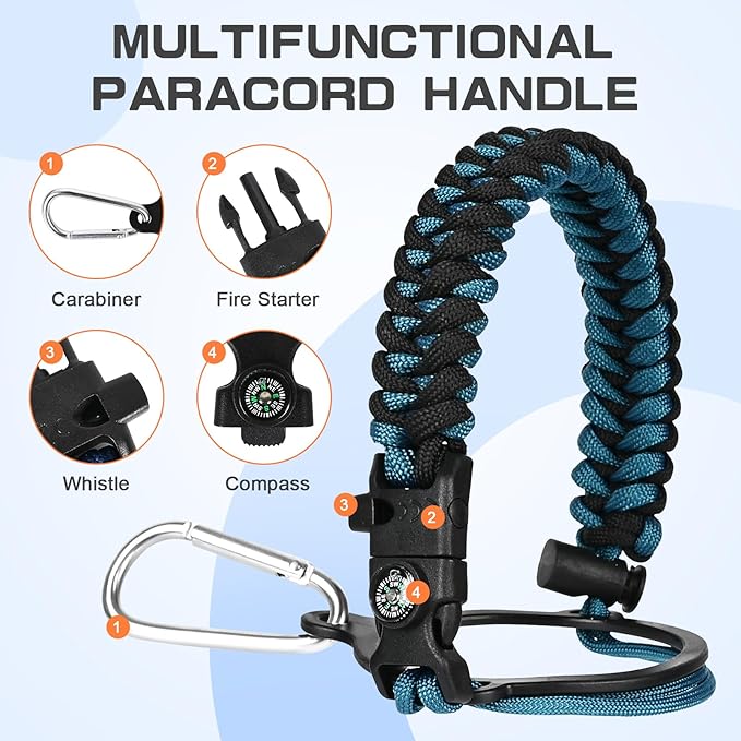 Insulated Water Bottle 64 oz, Half Gallon Water Jug Cold 48H, BPA Free Stainless Steel Bottles with Straw/Chug 2-in-1 Lid, Bag, Paracord Handle, Silicone Boot, Sports Gym School Metal Flask