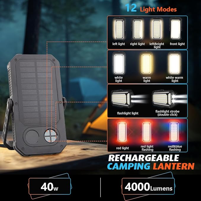 LED Camping Lantern, 10000mAh Camping Lights Rechargeable, High Lumens, LCD Digital Display, 12 Light Modes, Waterproof Tent Lights, Waterproof Box, Portable Flashlight for Power Outages, Emergency