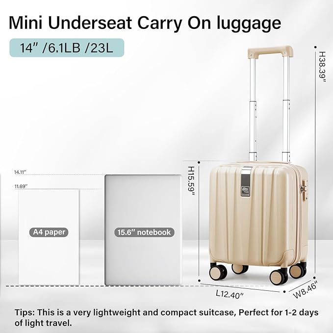 Hanke 14 Inch Underseat Carry On Luggage with Wheels Hard Shell Suitcases Carry On Bag Lightweight Small Mini Suitcase Travel Luggage for Travel Christmas Gifts for Birthday（Cuba Sand）