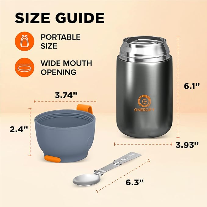 ENERGIFY Vacuum Insulated Food Jar. Large 24oz Bowl incl. Folding Spoon, Cup. Wide Mouth Keep Hot & Cold Drinks Soup Lunch Container for Adults. BPA-Free Stainless Steel, Leak Proof Grey