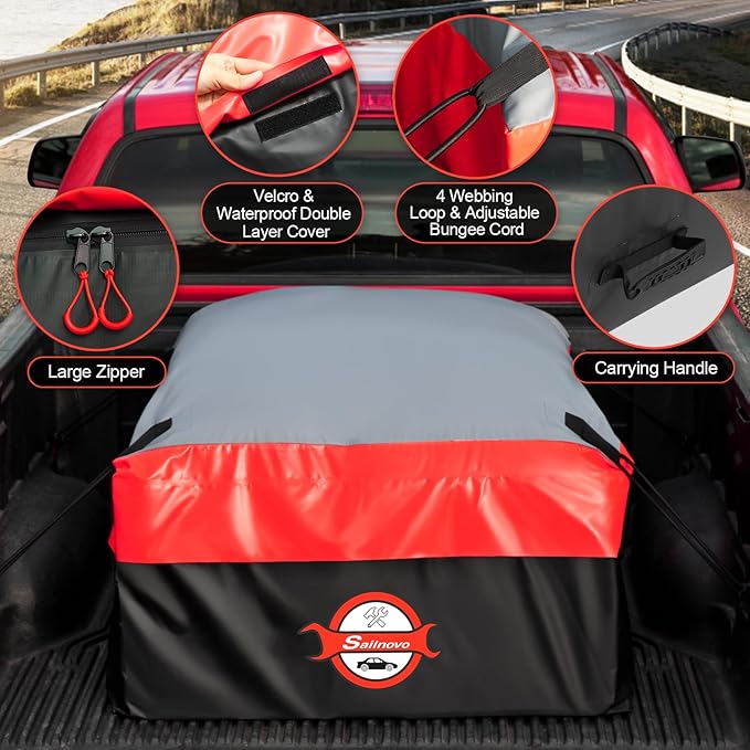 Sailnovo Truck Bed Cargo Bag, 26 Cubic ft 100% Waterproof Cargo Bag for Truck Bed, Heavy Duty PVC Truck Cargo Bag Fits Any Truck Size with 6 Stretch Cord, Packing Bag (50''x40''x22'') Red