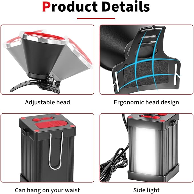 Superbright Bright LED Headlamp Powerful Portable Rechargeable Headlight Flashlight with External Side Light for Camping Biking Hunting Fishing (Yellow Light)