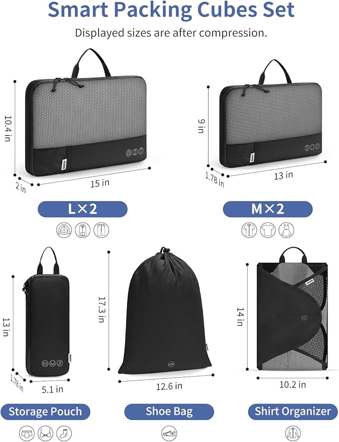 WANDF 7 Set Compression Packing Cubes for Travel, Shirt Folder for Wrinkle-Free, Suitcase Organizer Bags Set for Carry-On Checked Luggage Duffle Bag Women Men(Black)