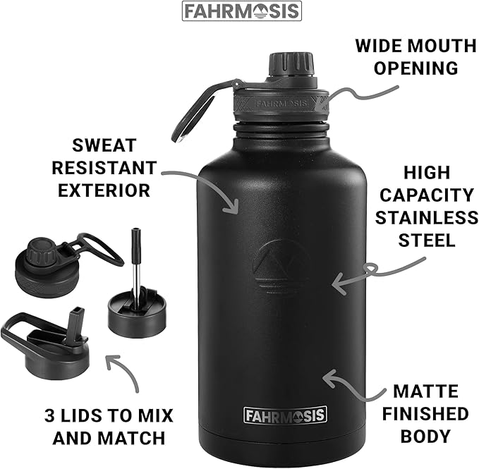 64 Oz Water Bottle with Straw Stainless Steel Sports Water Bottle with 3 Lids (Straw, Chug and Flip Lid) Leak Proof Metal Half Gallon Jug for Men & Women - Black