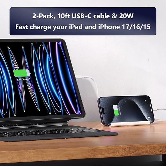 iPad Charger Fast Charging for Apple iPad 10th Generation 10.9", 2025 i.Pad 11 A16/i-Pad Pro 13 M5/11 M4,12.9 6th/5th, 2024 i Pad Air 13/11,20W USBC Block Long 10ft Cable,Fast iPhone 17/16/15/2Set