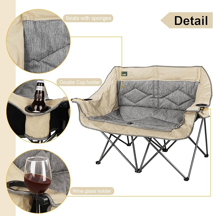 Northroad Folding Loveseat Camping Chair Portable Double Duo Full Padded Garden Chair for 2 Person Sofa w/ 2 Cup Holder,Wine Glass Holder,Mesh Storage,Support 600lbs for Picnic Beach Travel (Beige)