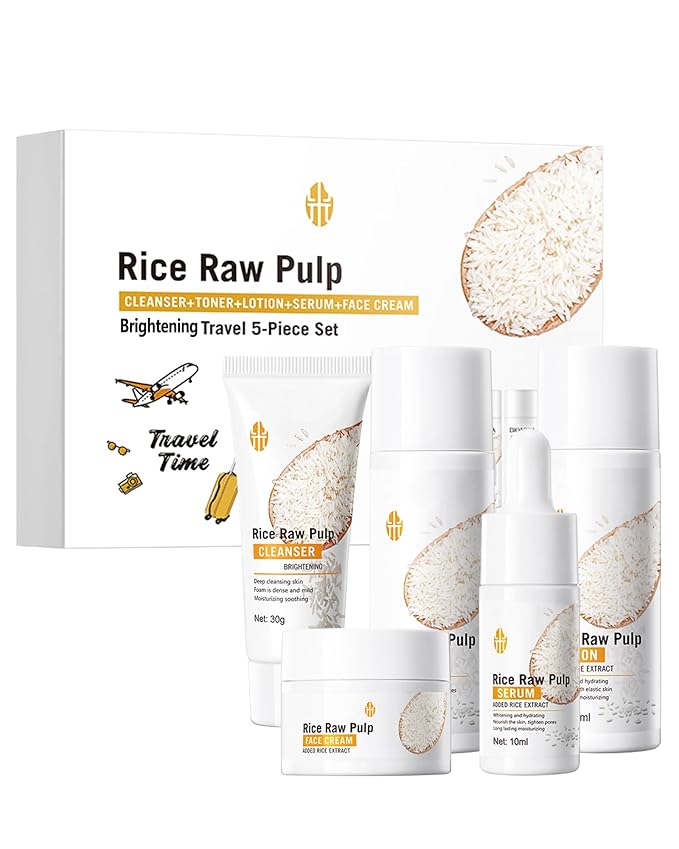 Skin Care Set,5Pcs Rice Raw Pulp Soft Travel Kit for Women, Moisturizing Brilliant Skin Rejuvenating Care Kit, Women’s Mother's Day Skincare Beauty Products Gift Kit for Mom Wife Teenage Girls