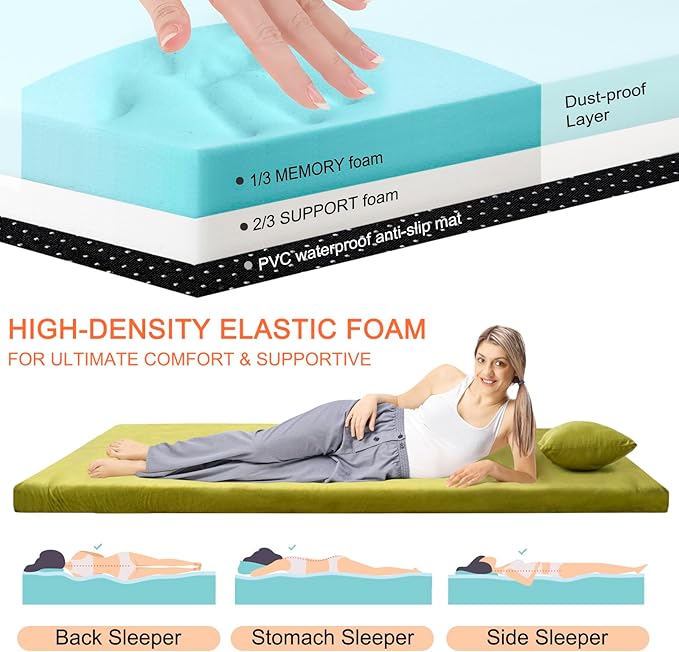 Memory Foam Camping Mattress Sleeping Pad, 3" Thick Waterproof Portable Roll Up Sleeping Mats & Floor Mattress Pad with Pillow + Travel Bag for Camping Car Truck SUV Tent Sleepover Kids Adult