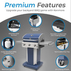 Kenmore 3-Burner Propane BBQ Grill, 30,000 BTUs Gas Grill with Cast Iron Cooking Grates, Folding Side Tables & Wheels, Outdoor Grill with Tool Hooks, Azure Blue + Bonus Cover