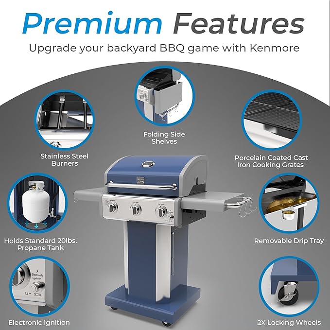 Kenmore 3-Burner Propane BBQ Grill, 30,000 BTUs Gas Grill with Cast Iron Cooking Grates, Folding Side Tables & Wheels, Outdoor Grill with Tool Hooks, Azure Blue + Bonus Cover