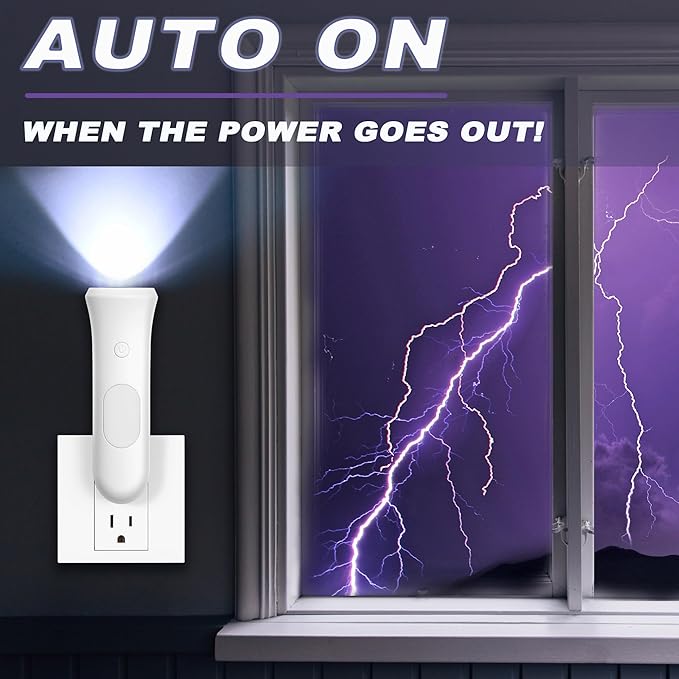 4 in 1 Emergency Power Failure Lights for Home, 2 Pcs Rechargeable LED Flashlight, Automatic Turn-On Power Outage Light Plug in Wall for Snow Storm Weatheready, White