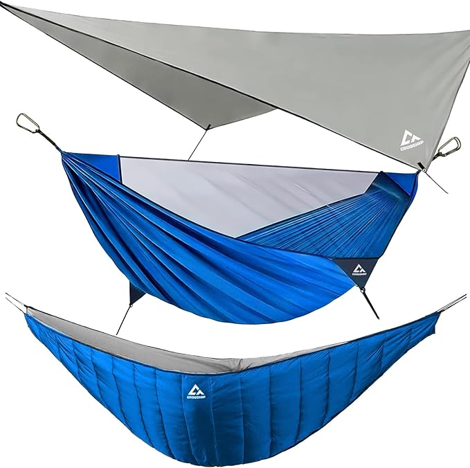 Camping Hammock with Mosquito Net & Hammock Underquilt and Rain Fly Tarp - Portable for Indoor, Outdoor, Hiking, Backpacking, Backyard, Beach & Travel (Hold Up to 500lbs) - Blue