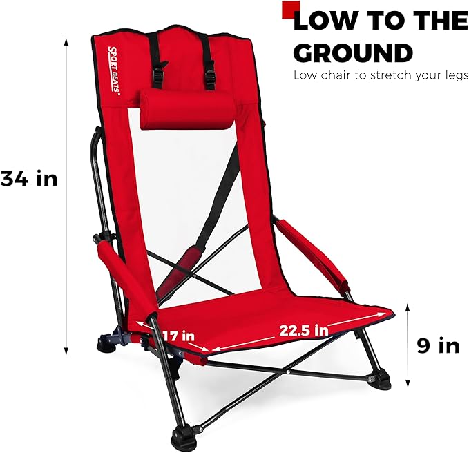 SPORT BEATS Low Beach Chairs Set of 2 Folding Beach Chairs High Back Support with Head Pillows Shoulder Straps
