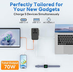 Universal Travel Adapter 70W GaN - International Power Adapter 3 USB C 1 USB A, Worldwide Travel Essentials, European Travel Plug Adapter for Laptop, Phone, Type C/G/D/I/A