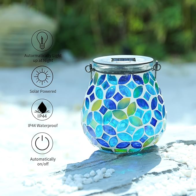 Afirst Mosaic Solar Lanterns Outdoor - Glass Hanging Solar Lights Hollow Out Waterproof Table Lamp Outdoor Decorative for Garden, Patio, Holiday Party Outdoor Decoration
