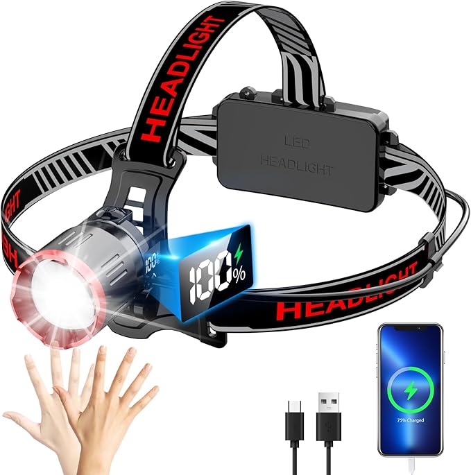 Yoobao Headlamp Rechargeable, LED Battery Display, 100000 Lumens Lightweight Bright HeadLamp, Zoomable, Motion Sensor, Emergency Power, Adjustable Head Flashlight for Adults Camping Hunting Hiking