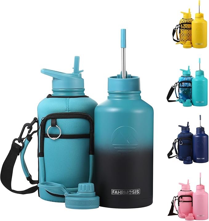 64 Oz Insulated Water Bottle with Strap Stainless Steel Sports Water Bottle with 3 Lids (Straw, Chug and Flip Lid) Leak Proof Metal Half Gallon Jug for Men & Women - Indigo Green