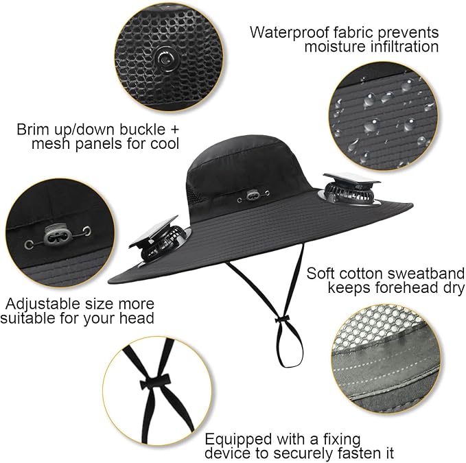 Outdoor Wide Brim Sun Hat with 2 Solar Fan for Men Women UPF50+ Outdoor Hiking Sun Protection Bucket Fishing&Cycling Hat