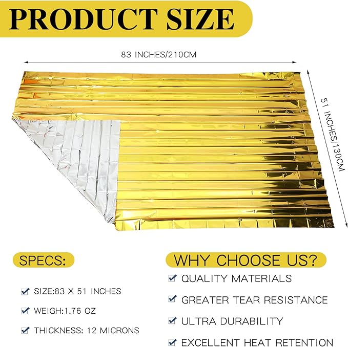 Macarrie 100 Pack Emergency Thermal Blankets Silver Foil Survival Blanket Kit for Outdoors, Camping, Hiking, Homeless, First Aid