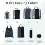Set of 8 compression packing cubes for travel accessories- Expandable bags for clothing, toiletry, backpacks, organizing essentials (Black & Grey)