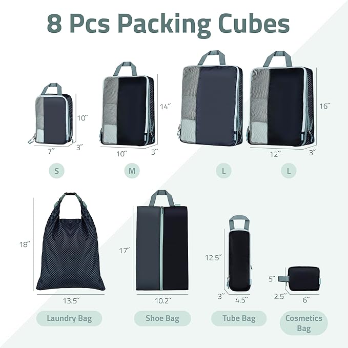 Set of 8 compression packing cubes for travel accessories- Expandable bags for clothing, toiletry, backpacks, organizing essentials (Black & Grey)