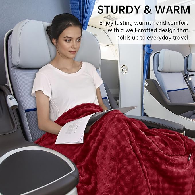 Travel Blanket and Pillow-2-in-1, Ultra-Soft&Compact, One-Piece Airplane Blanket with Hand Luggage Belt and Backpack Clip,Travelers Accessories Gifts, 61x43 Inches（Burgundy）