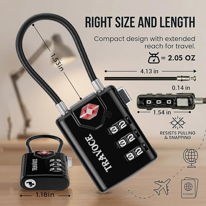 TRAVOCE TSA Approved Luggage Locks - Heavy Duty 3 Digit Combination Cable Lock, Search Alert for Suitcases, Backpacks, Golf Bags, Tents, Violin and Camera Cases, 10 Pack, Black