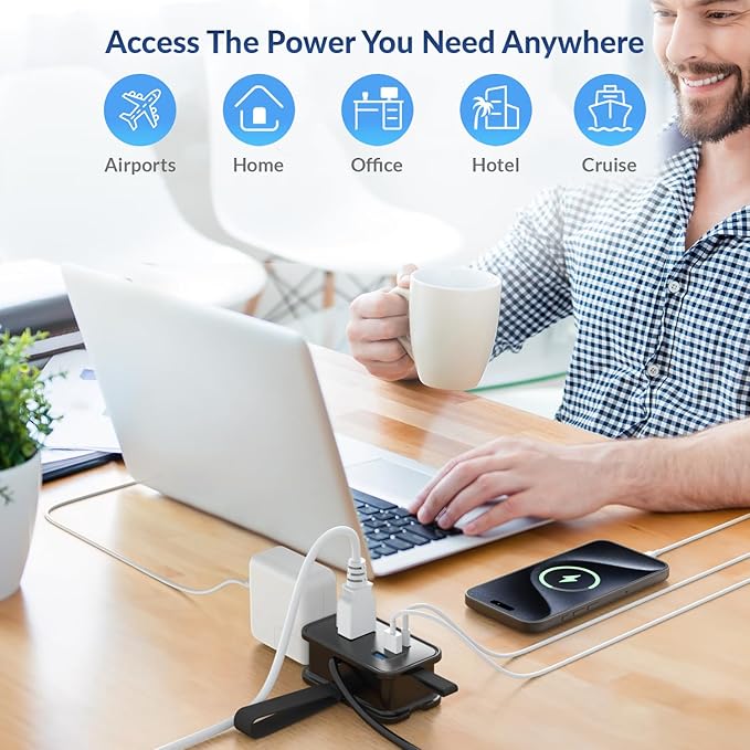 Travel Charger for Multiple Devices, Flat Plug Power Strip 3ft Adapter Extension Cord, 3 AC Outlets, 2 USB & 1 Fast Charging USB-C, No Surge Cruise Approved, Portable Power Strip