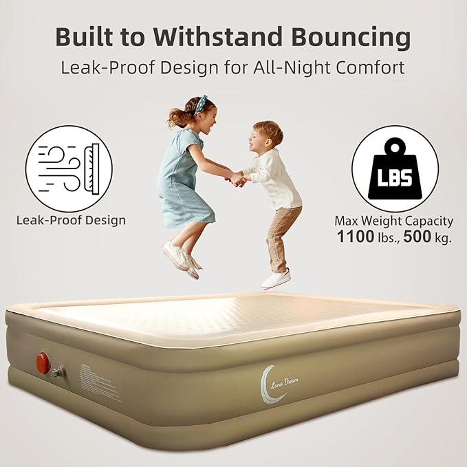 Queen Air Mattress with USB Rechargeable Built-in Pump, Wireless Inflatable Airbed, FlexWeave Tech for 1100 lbs Ultra Firm Support, Portable for Home & Camping, Leak Proof Design, Carry Bag