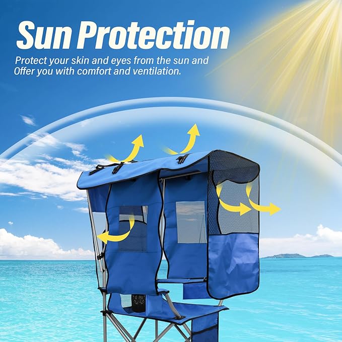 BDL Camping Chair with Canopy Shade Portable Foldable Canopy Chair with Cooler, Mesh Backrest, Cup Holder, and Pocket for Camping, Fishing, Beach, and Sports,Sky-Blue