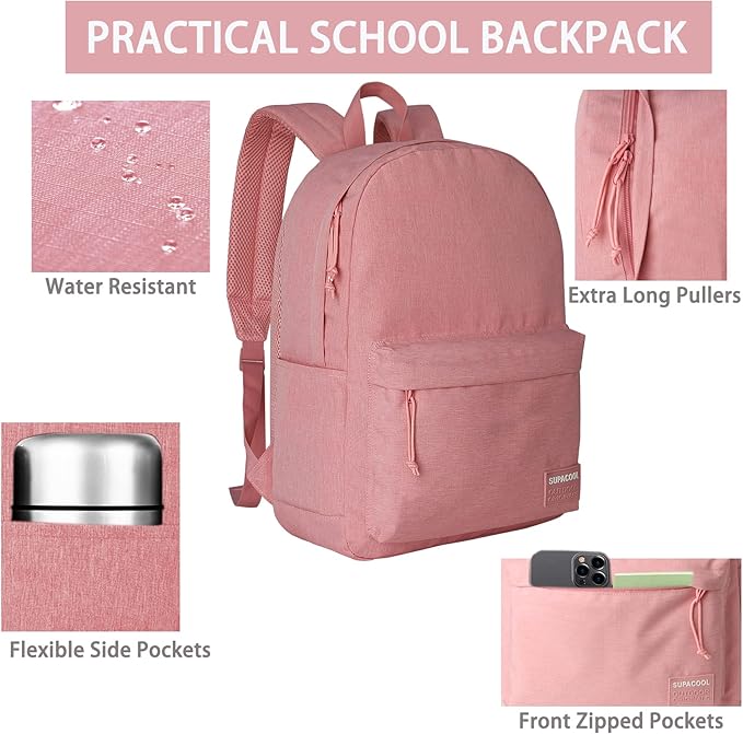 SUPACOOL Casual Laptop Backpack for Men and Women, Backpack for College, USB Charging Port, Lightweight Pack Back(Pink)
