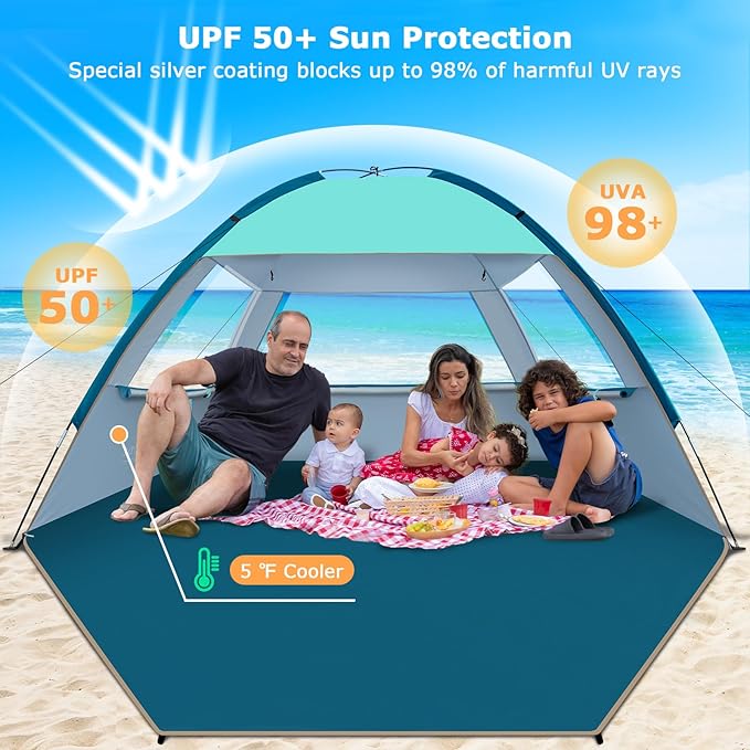 COMMOUDS Beach Tent Sun Shade for 3/4-5/6-7/8-10 Person, UPF 50+ Beach Sun Shelter Canopy Tent, Lightweight, Easy Set Up and Carry