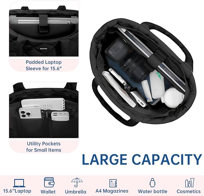 Puffer Tote Bag for Women, Quilted Bag with Zipper, Small Tote HandBags for Work, Travel