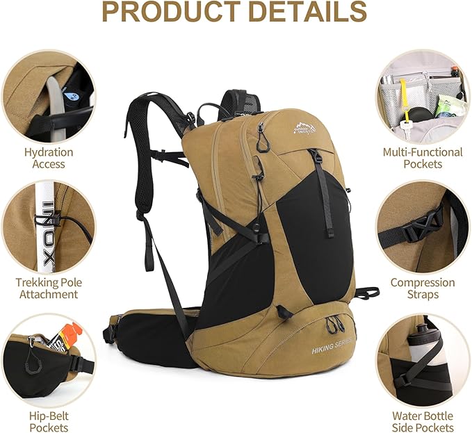 Hiking Backpack, Waterproof Hiking Daypack with 3L Water Bladder and Rain Cover, Lightweight Travel Camping Backpack for Men Women (Khaki)
