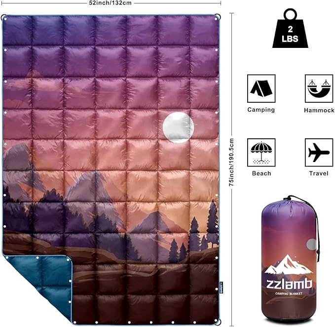 zzlamb Camping Blanket, Outdoor Lightweight Travel Blanket Puffy Portable Down Alternative, Windproof Warm Cloak with Snaps, Cozy Quilt Backpacking Picnic RV Plane Car Hammock Beach Climbing