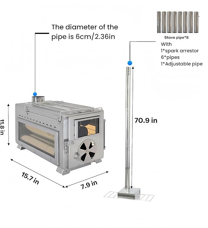 Portable Camping Wood Stove with View Glass and Cooking Function, 8 Stainless Steel Chimneys for Shelter, Hunting, Outdoor Cooking, and Heating (304 Stainless Steel)