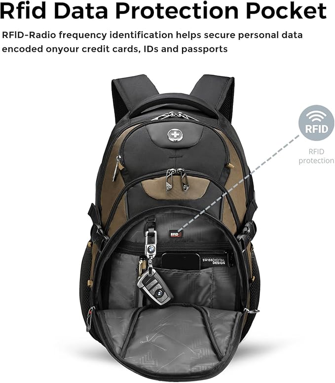 Swissdigital Design Laptop Backpack, Travel Backpack with USB Charging Port Fits 15.6 inches Computer, 31L College School Bookbag for Men,Tan/Black | SD803-34