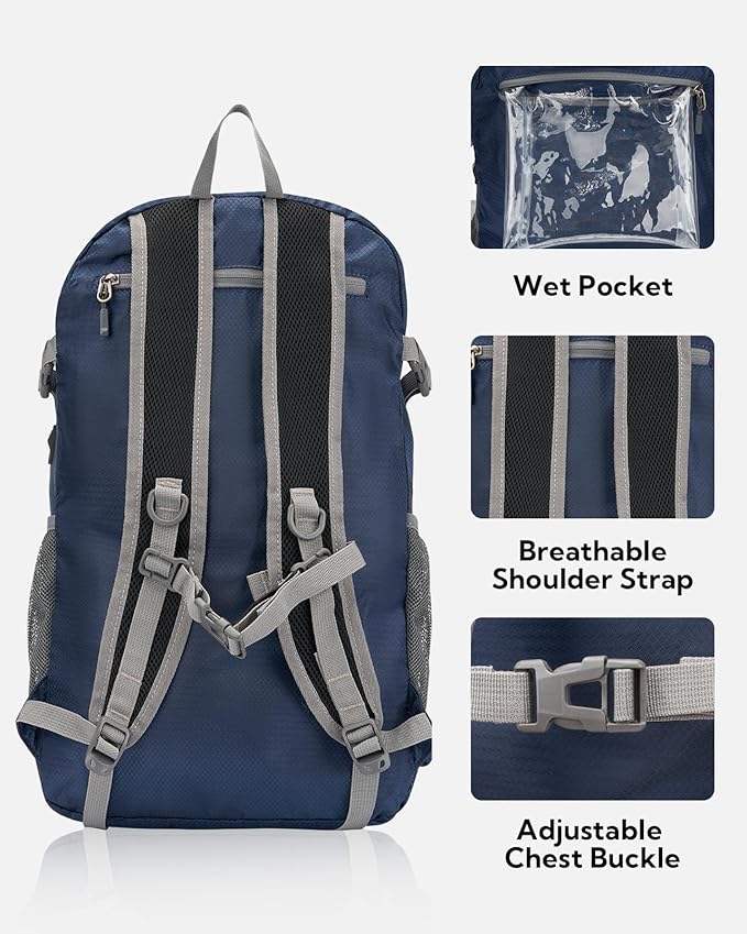 WATERFLY Lightweight Packable Hiking Backpack: 30L Foldable Travel Daypack Ultralight Camping Day Pack for Woman Man Dark Blue