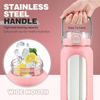 BLUEGO 64oz Water Bottle Glass with Stainless Steel Handle Large Water Bottle with Time Markers and Silicone Sleeve Half Gallon Water Jug BPA Free for Gym Daily Use, Pink