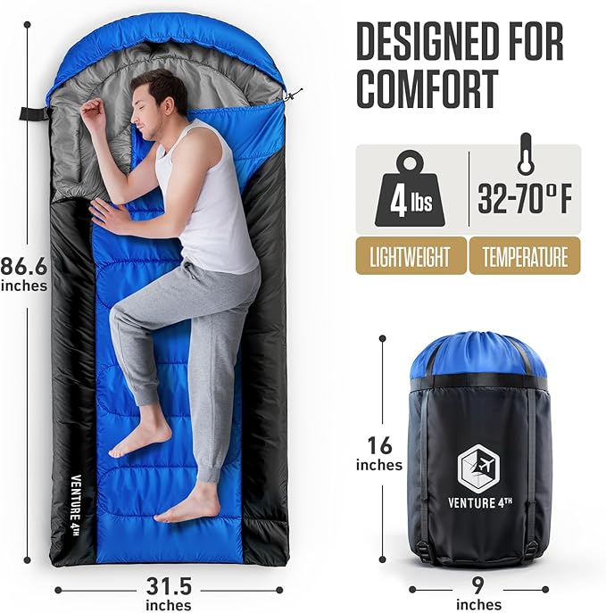 VENTURE 4TH Backpacking Sleeping Bag – XXL, Double and Single Sizes - Lightweight Warm & Cold Weather Sleeping Bags for Adults, Kids & Couples – Ideal for Hiking, Camping & Outdoor Adventures